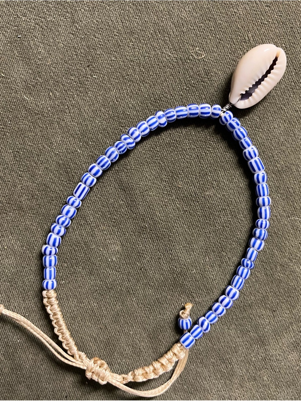 Blue Striped Beaded adj Anklet with Shell Charm